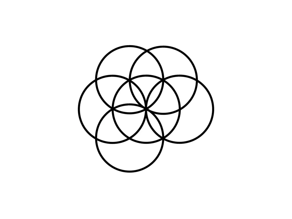 Six overlapping circles symbolizing the sixth day of creation in the Seed of Life geometry, representing completion and harmony