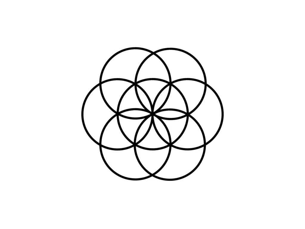 Seven overlapping circles symbolizing the seventh day of creation, completing the Seed of Life in sacred geometry, representing wholeness and unity