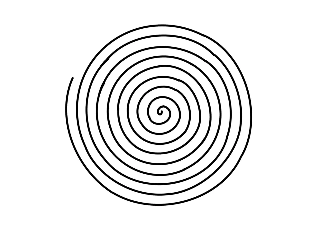 A black and white spiral design symbolizing life cycles, creation, and the universe. The minimalist geometric pattern starts from the center and expands outward in even loops.