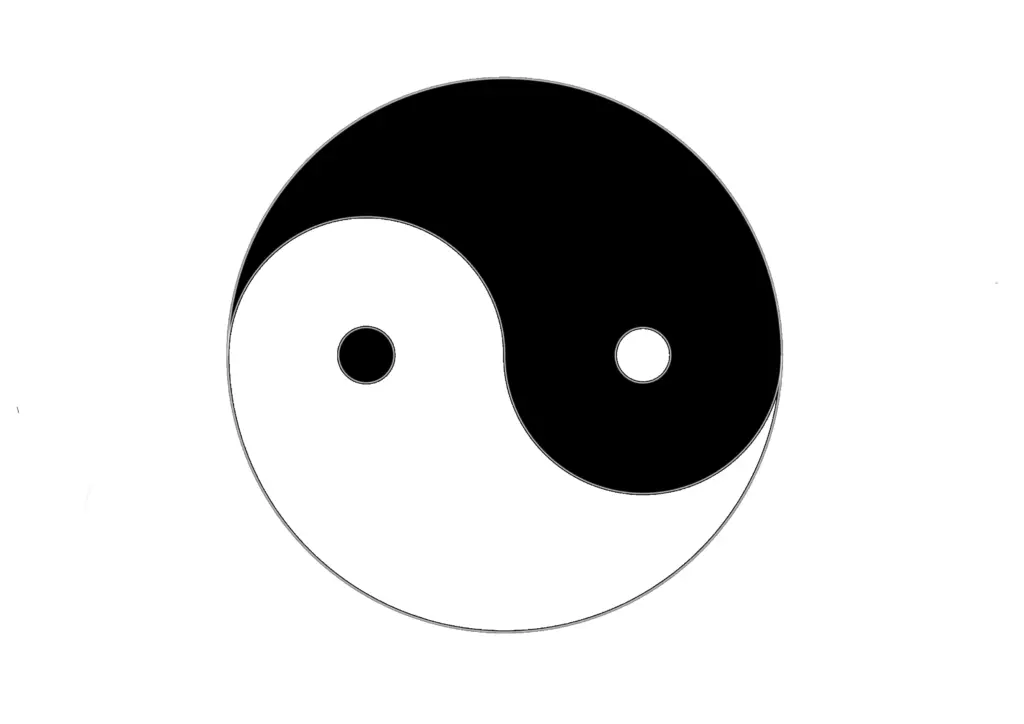 A black and white Yin Yang symbol representing the balance of opposites, including light and dark, masculine and feminine, and the harmony of the universe in Taoist philosophy.